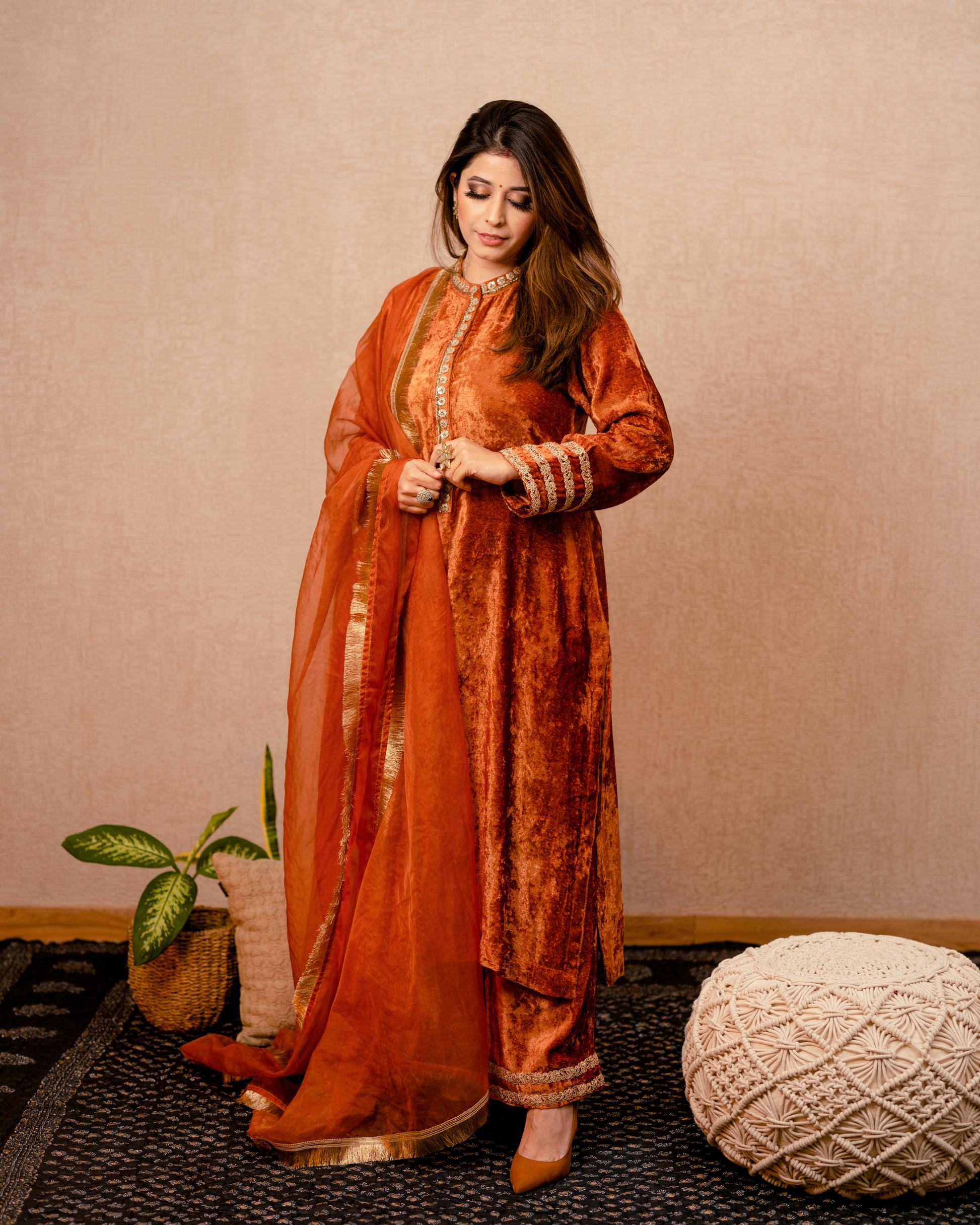 orange velvet dress pakistani Rust Chatapatti Velvet
